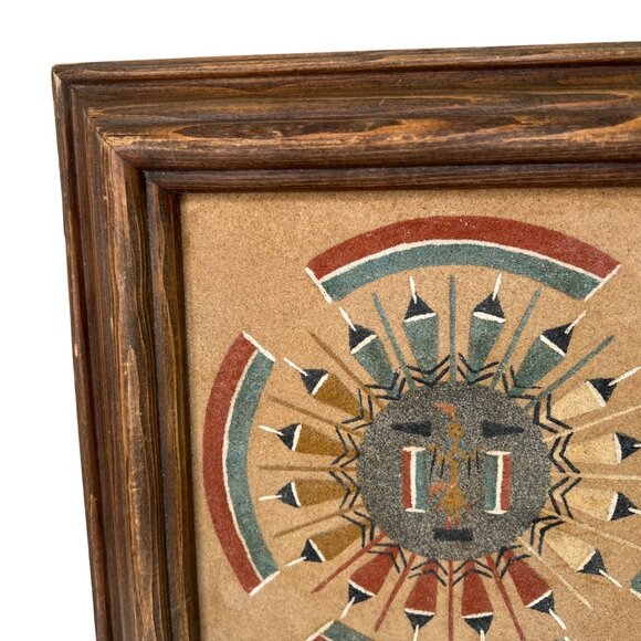 Navajo Sand Painting With Geometric Design In Wooden Frame - Picture 4 of 11